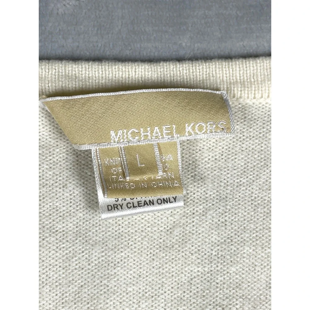 Michael Kors Cashmere Sweater Women L Ivory V-Neck Long Sleeve Knit Top